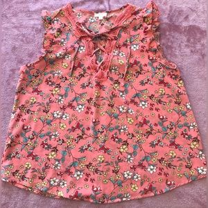 MINE Size Juniors Large 🧡 Salmon Pink Floral Tank 🧡 Ties Ruffles Lace 🧡🧡🧡